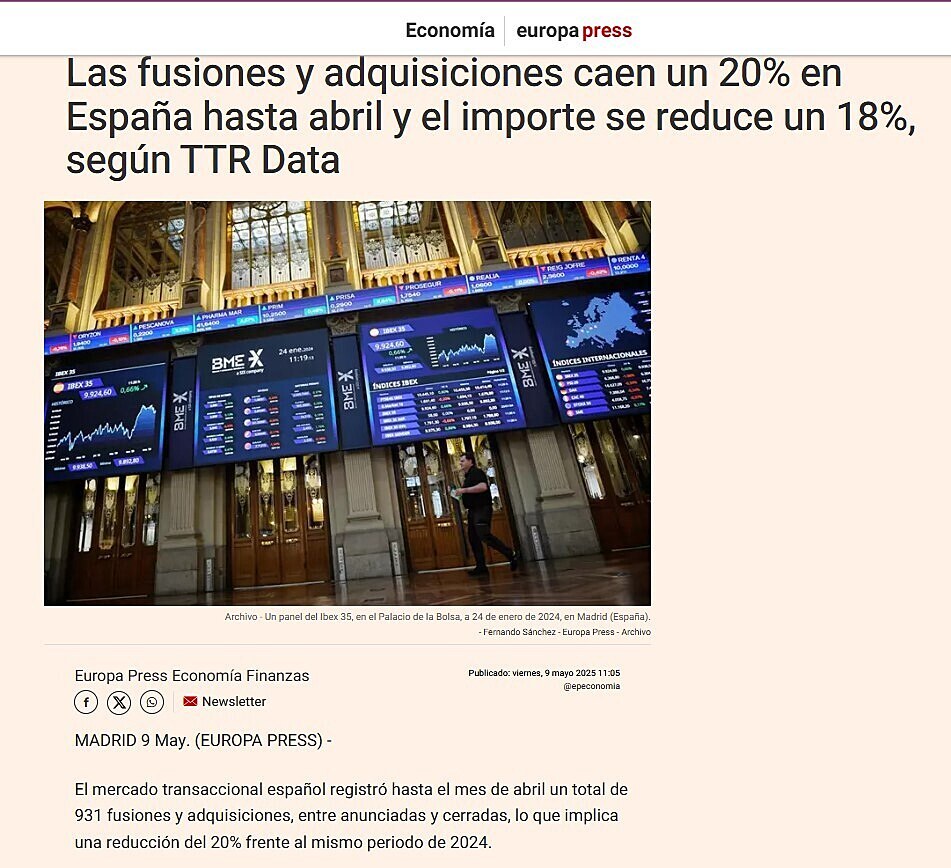 Las fusiones y adquisiciones caen un 20% en Espaa hasta abril y el importe se reduce un 18%, segn TTR Data